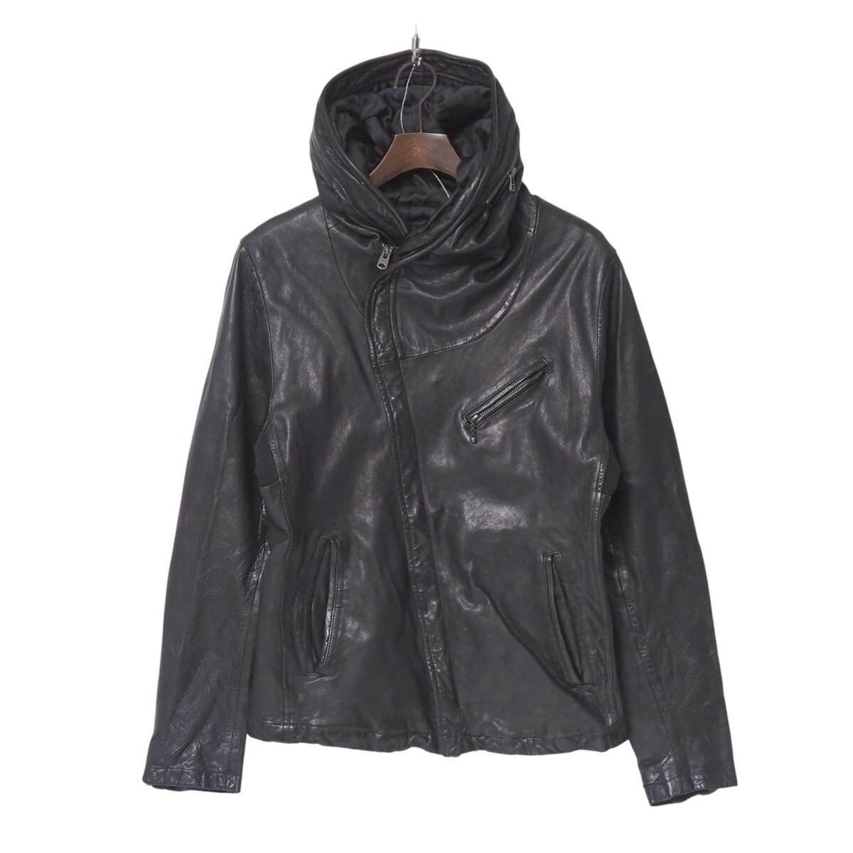 TJ3153+glamb/グラム*メンズ1*GB0319/JKT07*Carol drape riders*フーデッドライダースジャケット/レザーブルゾン*ダブルジップ*羊革拍卖