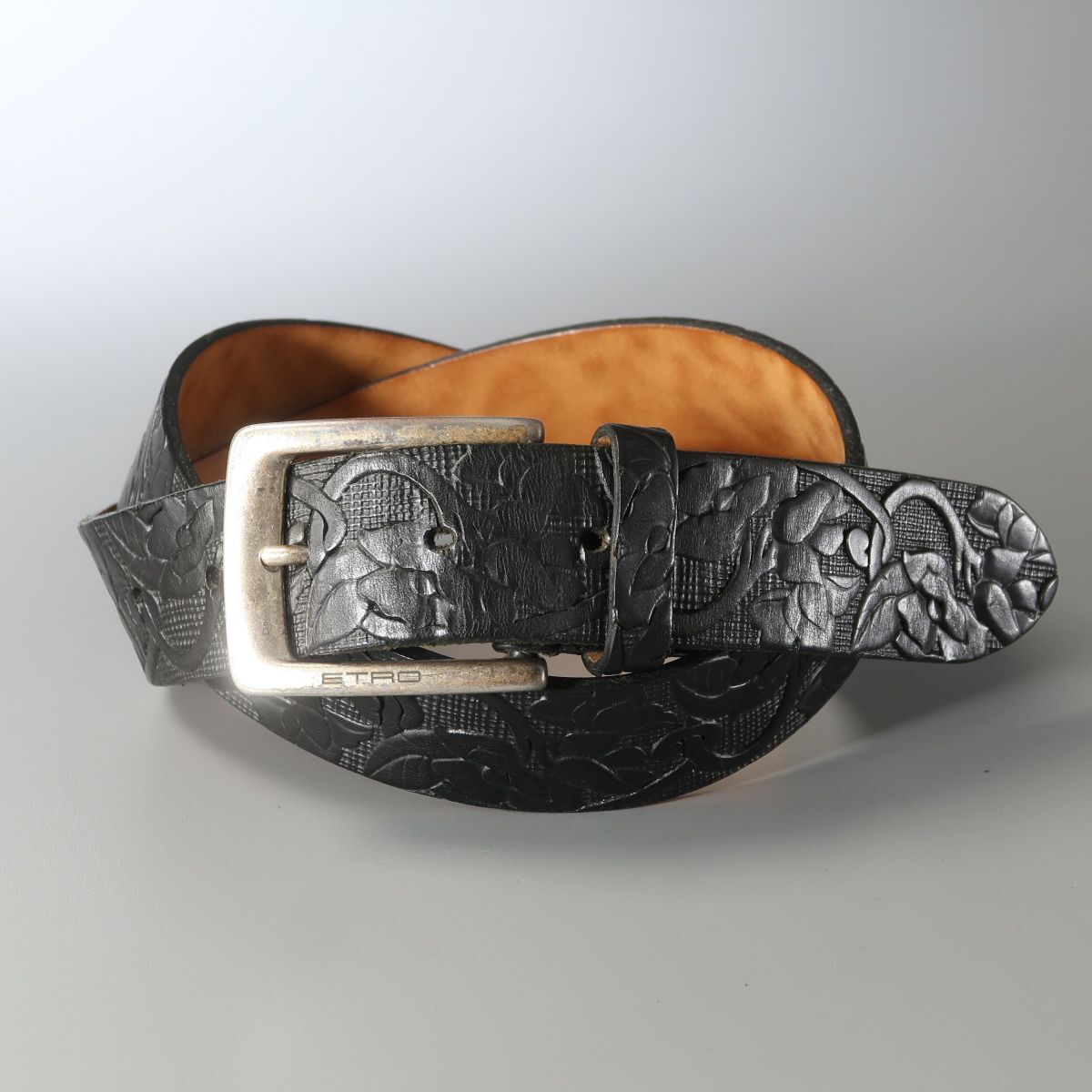 MI1001◎イタリア製 ETRO エトロ 草花模様 レザーベルト 革ベルト ボタニカルモチーフ ブラック 黒 メンズ 85 ソリッドブラスバックル拍卖