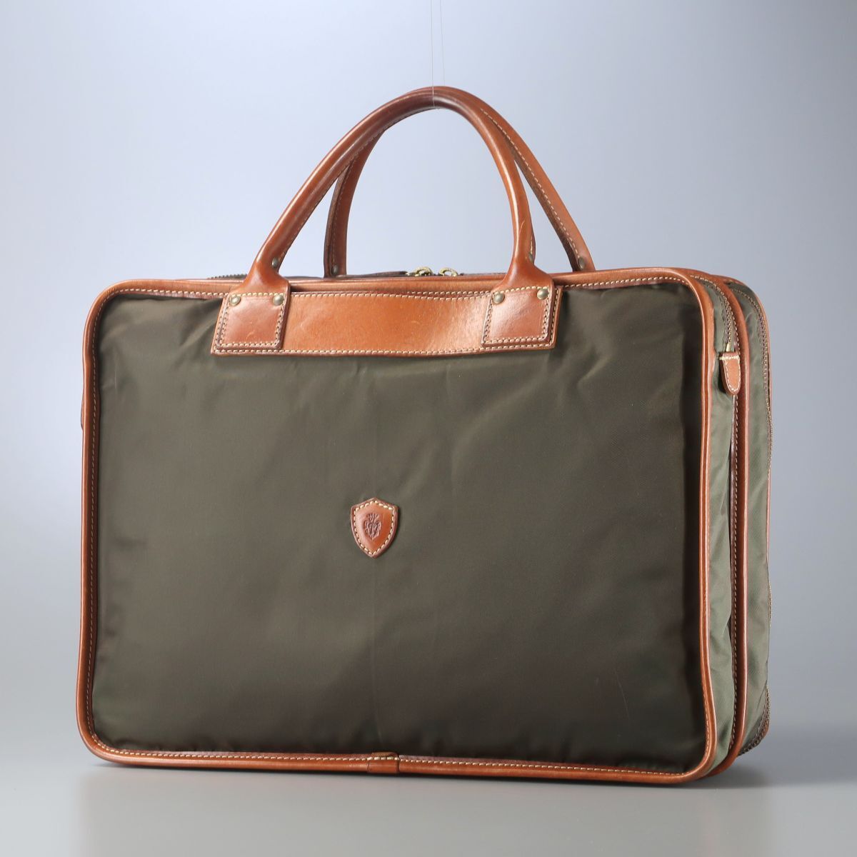 GS4052◎Felisi フェリージ 伊製 1993 リモンタナイロン×レザー ブリーフケース ビジネスバッグ 鞄 オリーブグリーン系 ラウンドジップ拍卖