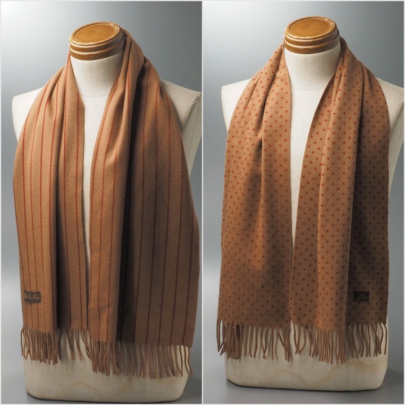 TJ3243◎イタリア製 Loro Piana ロロピアーナ 総カシミヤ リバーシブル ダブルフェイス マフラー ストール ショール ストライプ×ドット拍卖