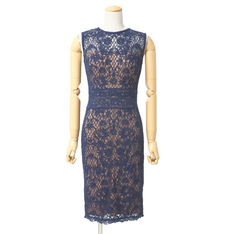 MI2351●TADASHI SHOJI/タダシショージ*ノースリーブ フラワーモチーフ レースワンピース*膝丈*サイズ0*ブルー系拍卖