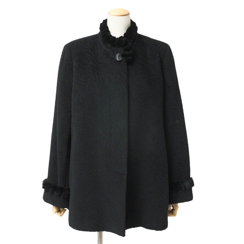 GS4680●Enchariot*アンゴラウール スタンドカラー コート*毛皮部分:レッキスファー*レディース サイズ11*ブラック拍卖