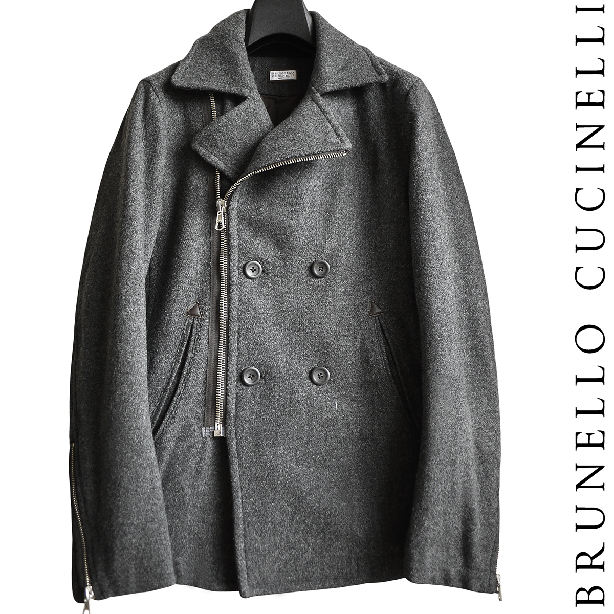 正規品 最高級 ブルネロクチネリ Brunello Cucinelli ミックスウールメルトン ダブルブレスト コート ライダースブルゾン ジャケット拍卖