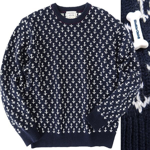 新品 シェルティークラブ ウォッシャブル クルーネック ニット L 紺 【SH444338_79_L】 秋冬 Sheltie Club ウール混 洗える 総柄拍卖