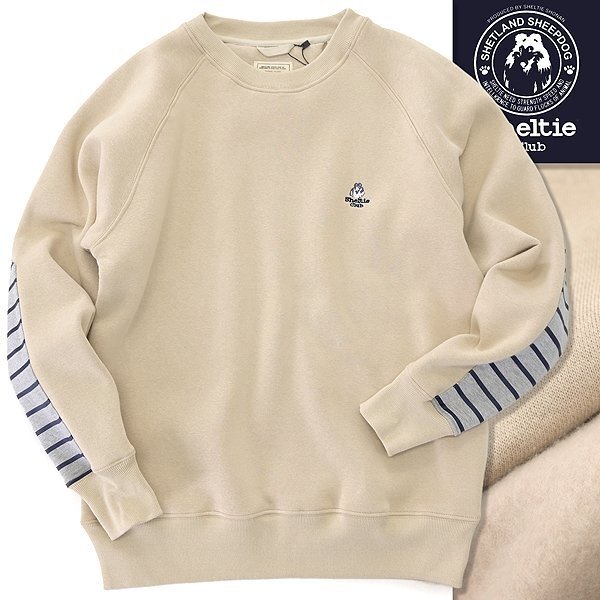新品 シェルティークラブ スウェット トレーナー M ベージュ 【SH1444219_17_M】 Sheltie Club 裏フリース クルーネック エルボー拍卖