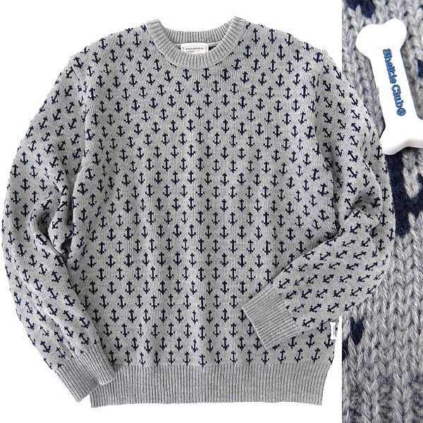 新品 シェルティークラブ ウォッシャブル クルーネック ニット L 灰 【SH444338_97_L】 秋冬 Sheltie Club ウール混 洗える 総柄拍卖