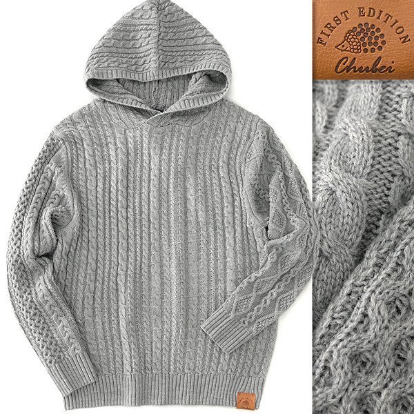 新品 チュウベイ Fレザー ウール混 アラン ニット パーカー L 灰 【CH434126_98_L】 秋冬 CHUBEI フード プルオーバー ケーブル 洗濯可拍卖