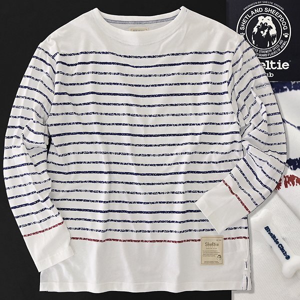 新品 シェルティークラブ ボーダー ボートネック バスク シャツ L 白 紺 【SH1441111_7_L】 Sheltie Club ロンT 長袖 Tシャツ拍卖