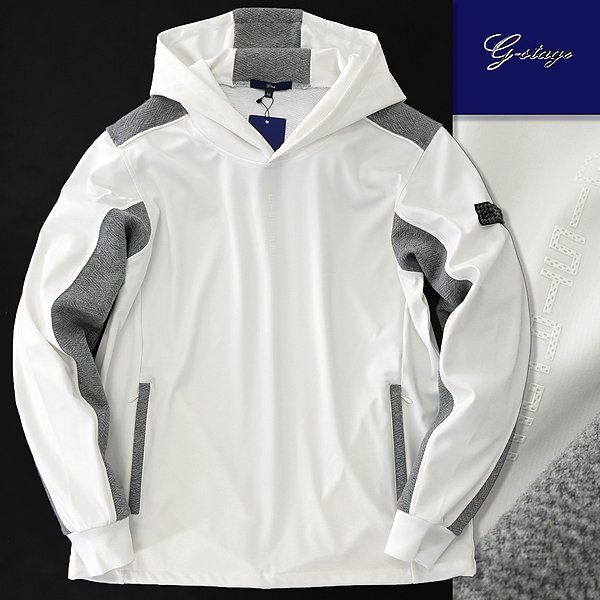 新品 ジーステージ コンビ ジャージー プルオーバー パーカー 48(L) 白 灰 【6-30405_1_48】 秋冬 G-stage フード フーディー ゴルフ拍卖