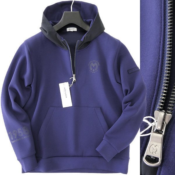 新品 3.6万 ミラショーン SPORTS ストレッチ ダンボール フーディー 48(L) 紺 【I51884】 mila schon 秋冬 メンズ パーカー ハーフジップ拍卖