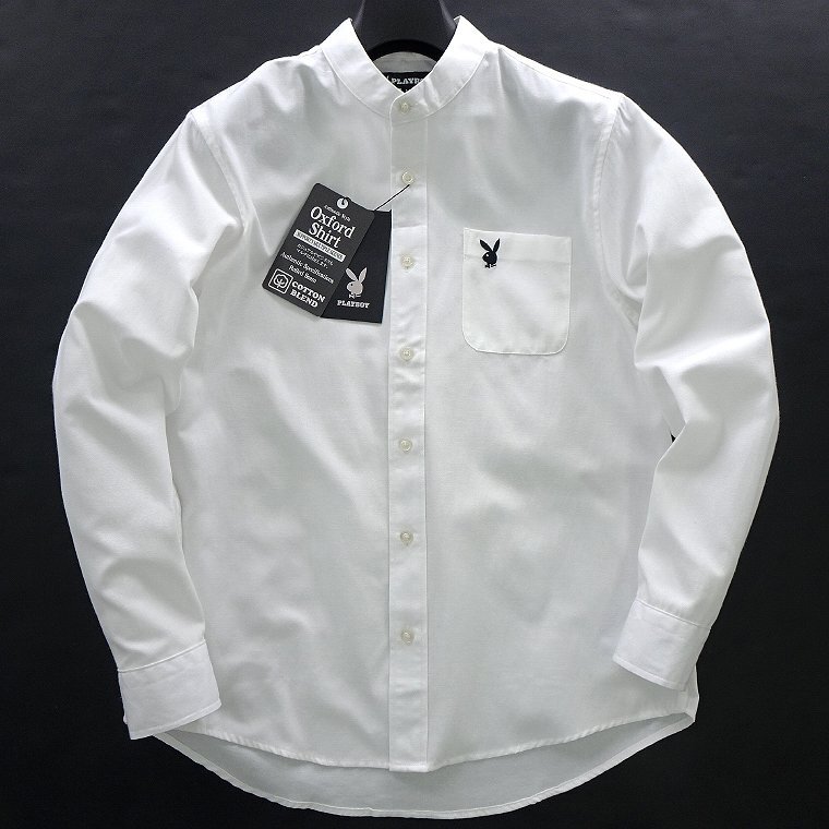 新品 プレイボーイ オックス バンドカラー シャツ M 白 【PB251027_7_M】 PLAYBOY 長袖 ロゴ 刺繍 オックスフォード コットン拍卖