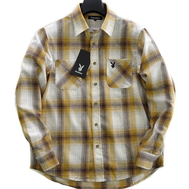 新品 プレイボーイ 秋冬 オンブレー チェック ビエラ シャツ L 黄色【43024_58_L】 PLAYBOY メンズ 長袖 起毛 フランネル ネルシャツ拍卖