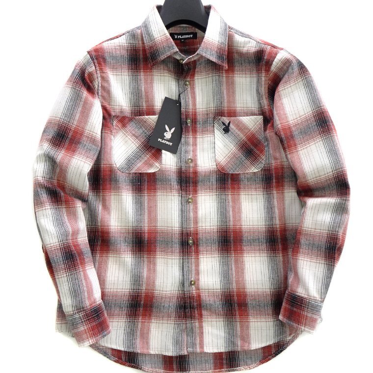新品 プレイボーイ 秋冬 オンブレー チェック ビエラ シャツ L 赤【43024_39_L】 PLAYBOY メンズ 長袖 起毛 フランネル ネルシャツ拍卖