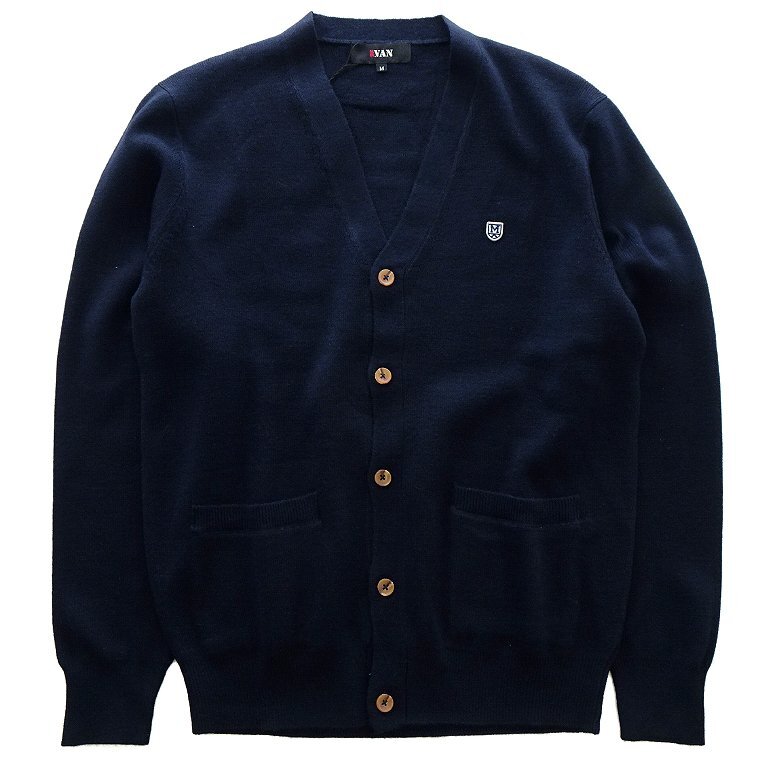 新品 ミスターヴァン 25秋冬 ウール混 ニット カーディガン 紺【va1854230_79_LL】 MR.VAN メンズ ロゴ ボタンアップ Vネック セーター XL拍卖