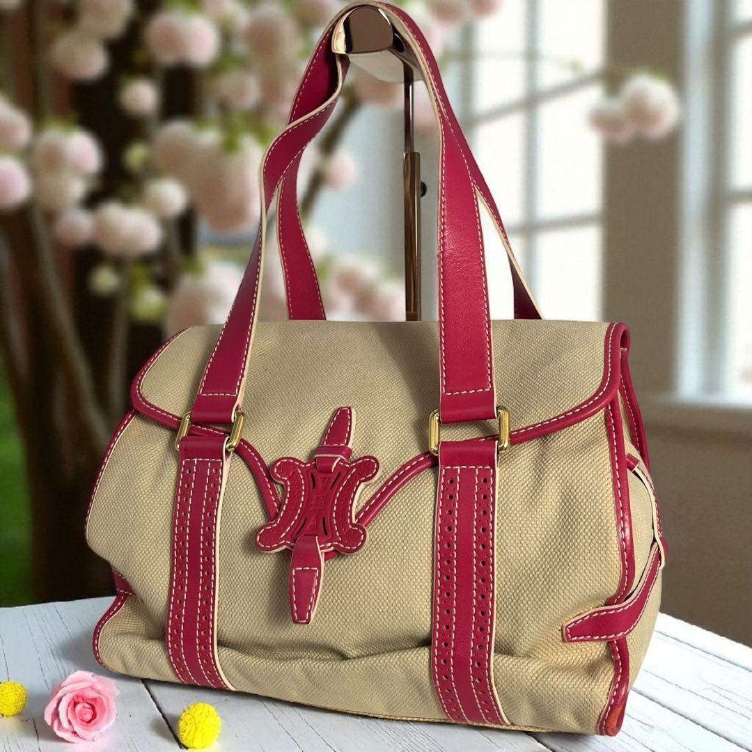 希少 CELINE セリーヌ キャンバスバッグ 肩掛け ピンク ロゴ 7拍卖