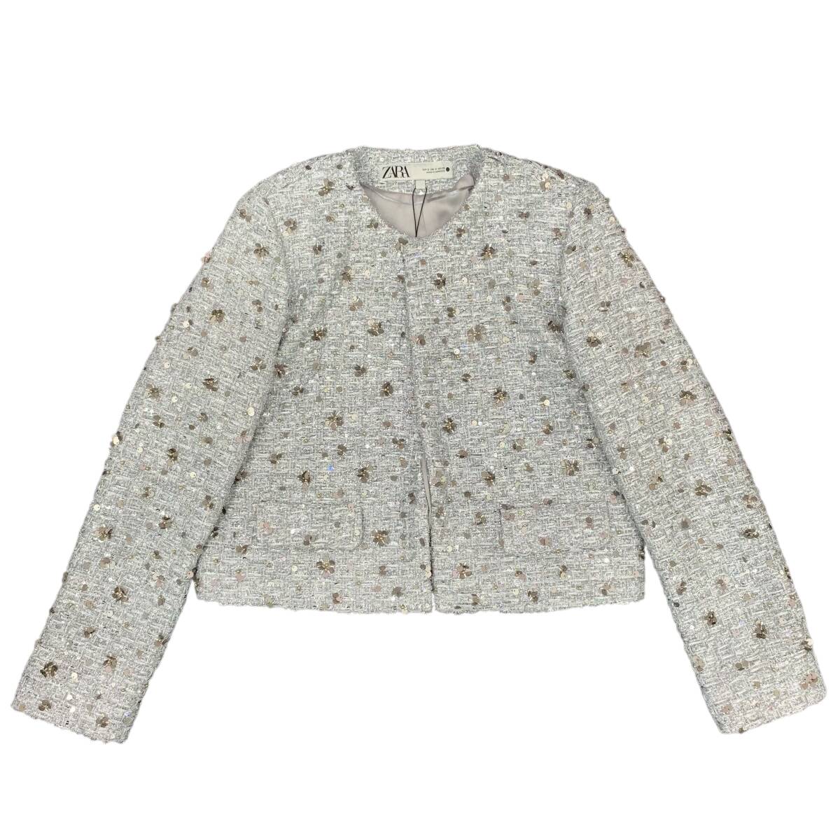【1円から】ZARA ザラ スパンコールジャケット ジャケット S シルバー レディース タグ付き 新品未使用拍卖