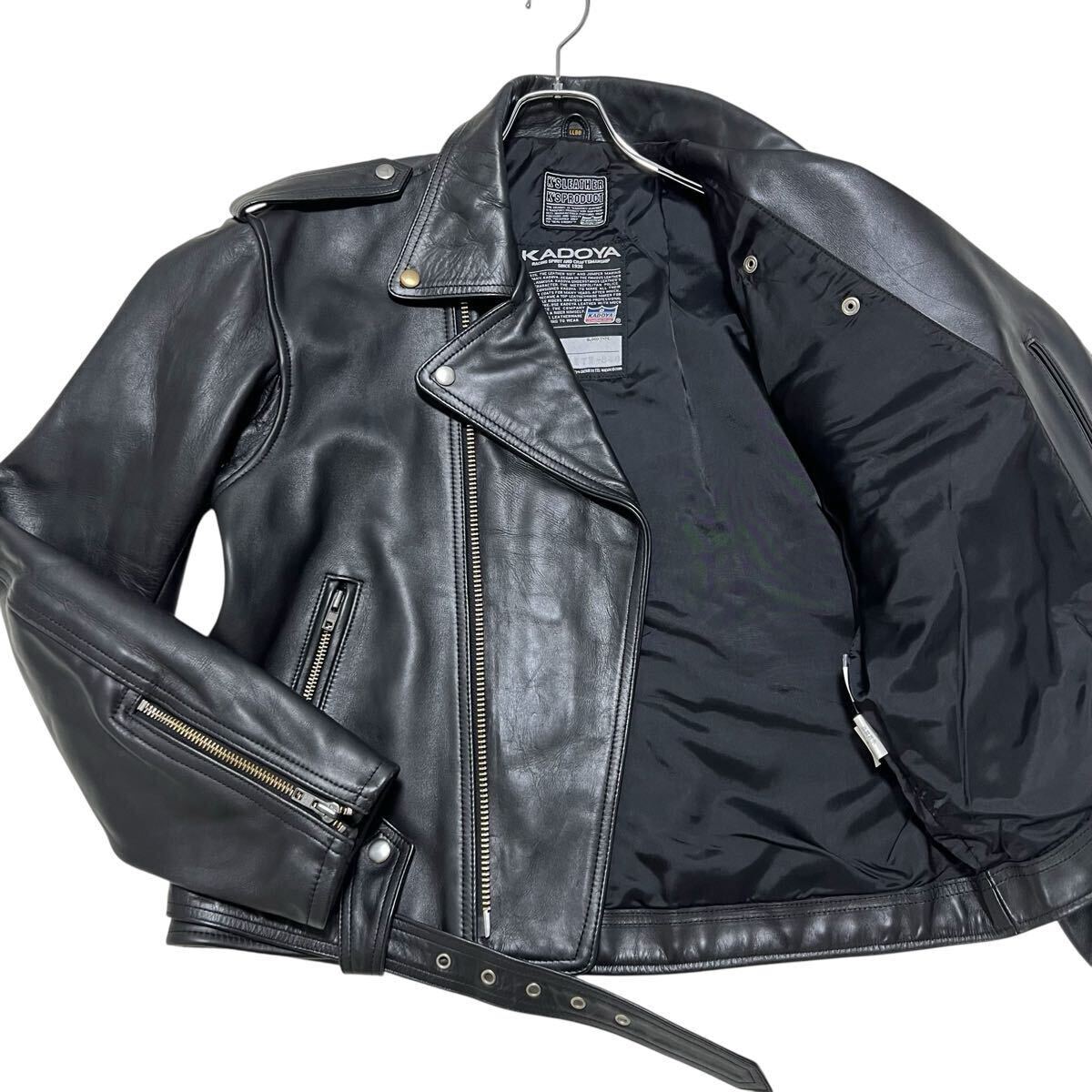美品 カドヤ ダブルライダースジャケット LL XL ブラック 牛革 カウレザー ベルト付 バイカー ツーリング 秋冬 KADOYA K'SLEATHER拍卖