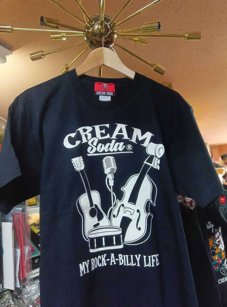 XLサイズ黒色クリームソーダROCK LIFETシャツ検索用ロカビリー楽器柄CREAM SODAブラックキャッツビスキャッツピンクドラゴン昭和レトロ拍卖