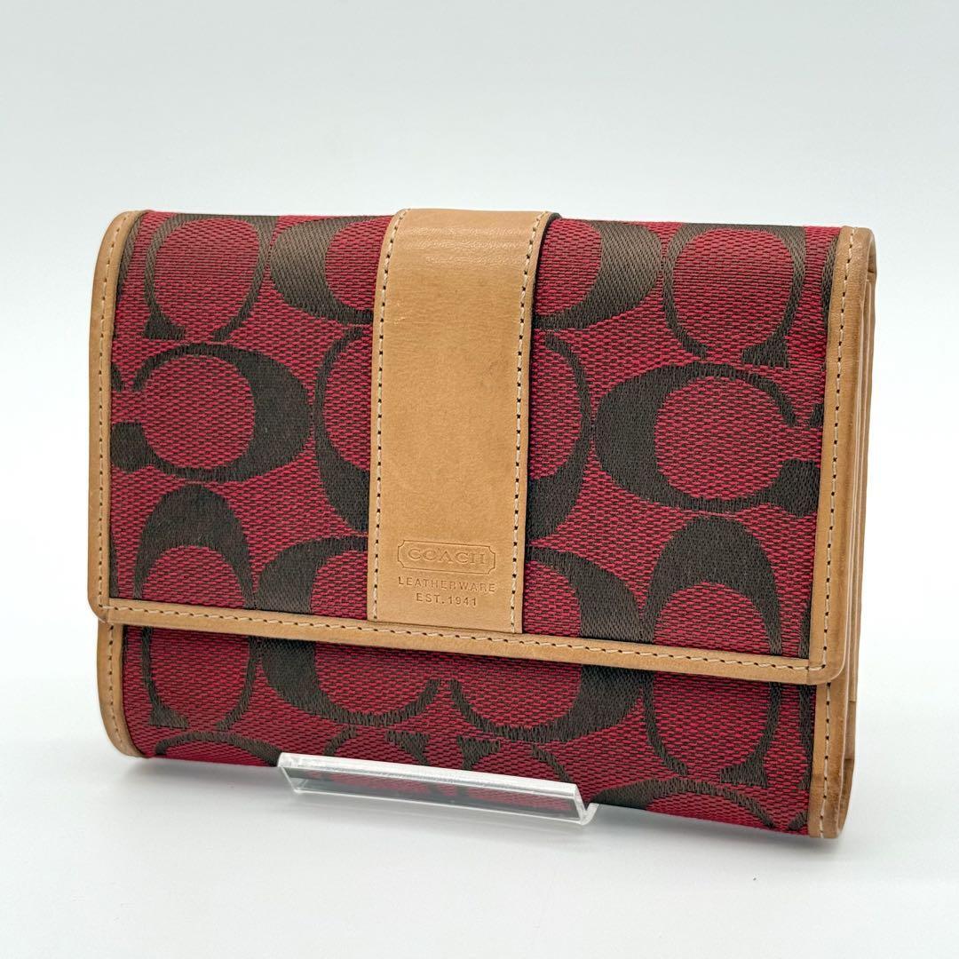【美品】COACH コーチ シグネチャー 二つ折り財布 折り財布 ウォレット キャンバス ヴィンテージ メンズ レディース 赤系 AF321011C拍卖