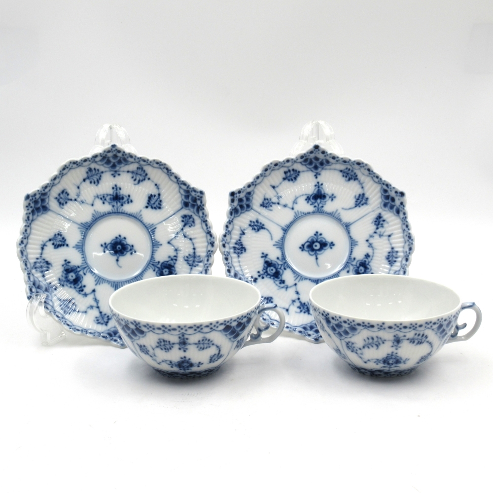 1円〜 Royal Copenhagen ロイヤルコペンハーゲン ブルーフルーテッド フルレース ティーカップ&ソーサー 2客 計4点 4238534拍卖