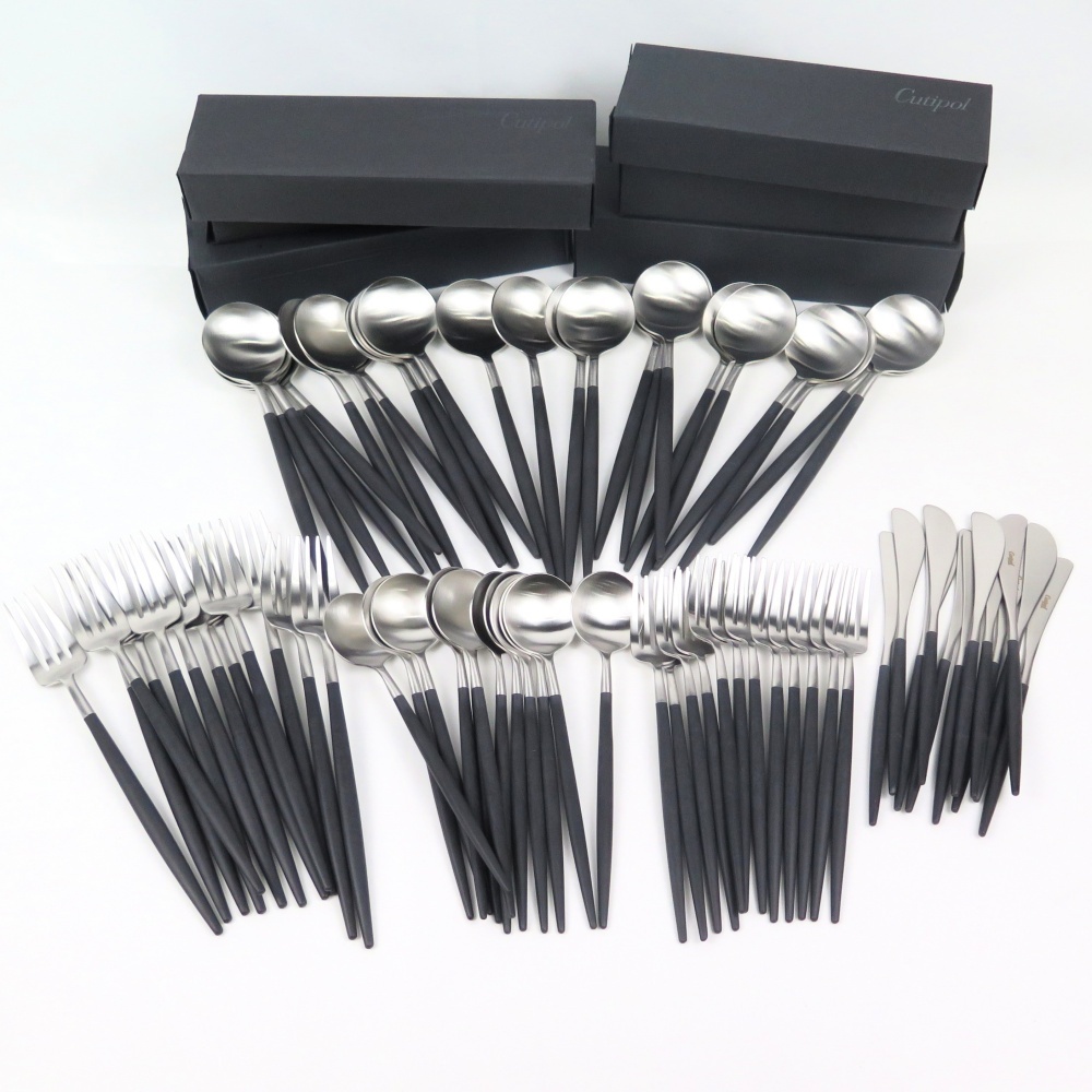 1円〜 Cutipol クチポール GOA ゴア ブラックシルバー フォーク/スプーン/バターナイフ 5種 計72点 箱付 4244560拍卖