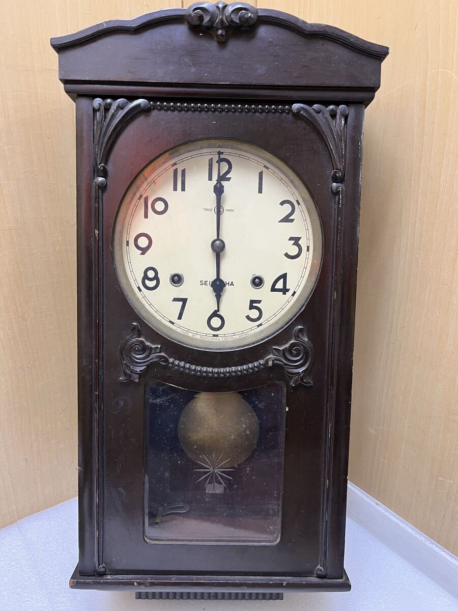 RE7586 壁掛け振り子時計 SEIKOSHA 精工舎 木製 ボンボン柱時計 ゼンマイ式 アンティーク 現状品 1001拍卖