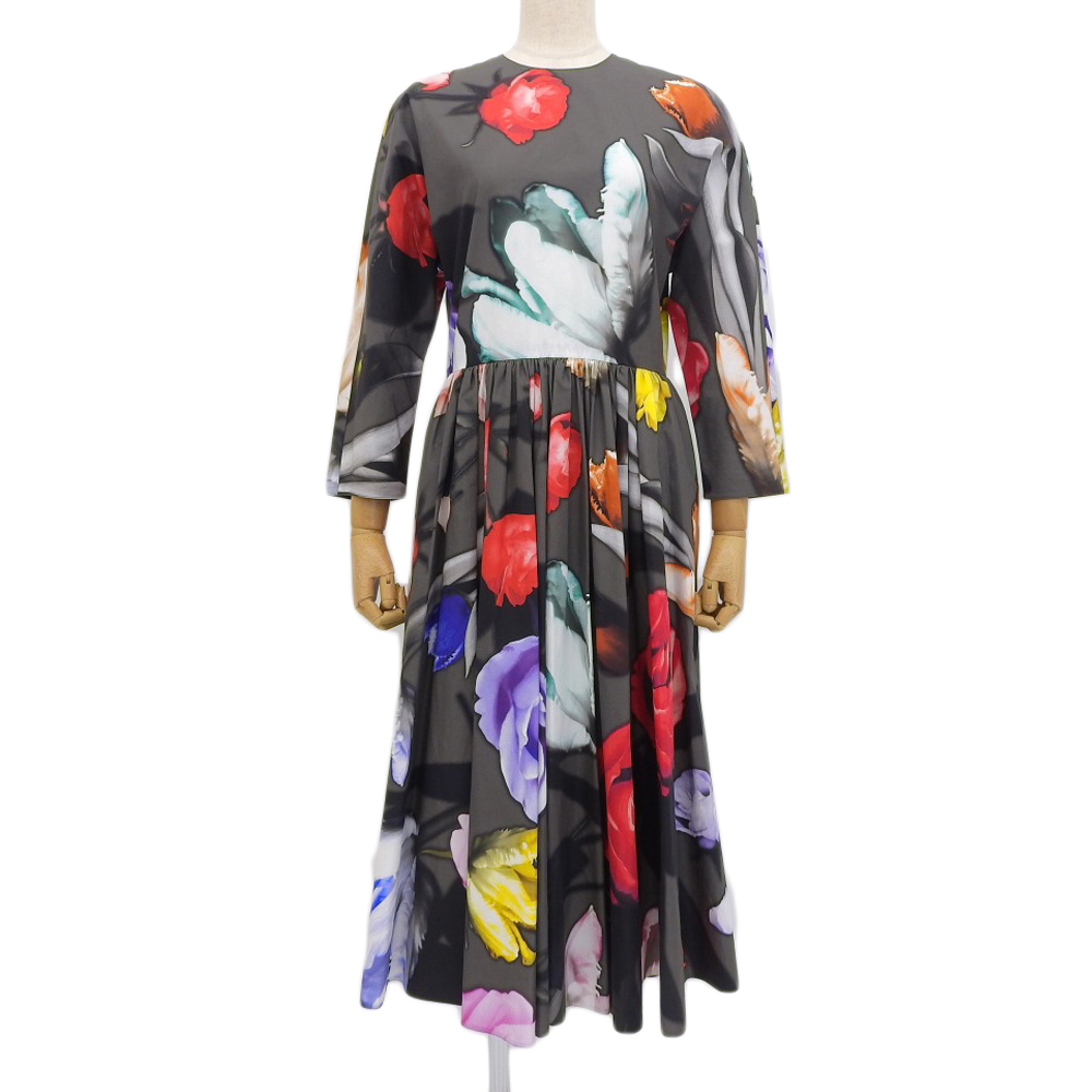 【本物保証】 超美品 プラダ PRADA フラワーモチーフ 長袖 ワンピース P39M0 S192 1VLY 40S レディース 服 コットン グレー 花柄 水彩柄拍卖