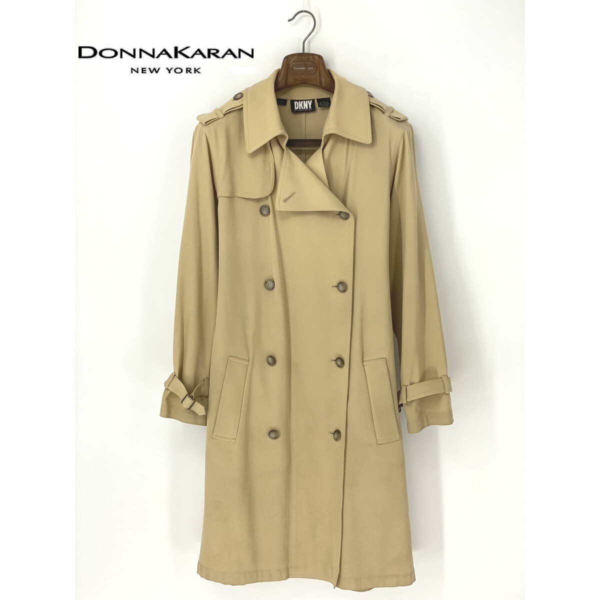 A9293/ビンテージ 90s 春夏 裏地無し DONNA KARAN ダナキャラン DKNY コットン ミモレ丈 ロング トレンチ コートP L程 ベージュ レディース拍卖