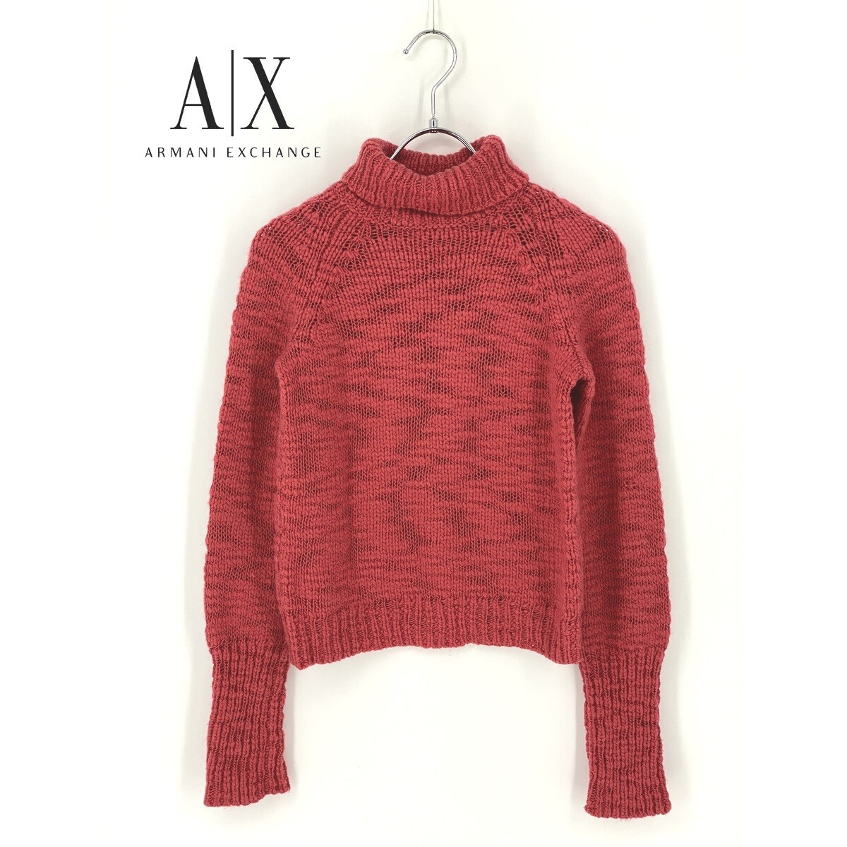 B0299/極美品 ARMANI EXCHANGE アルマーニエクスチェンジ ウール ハイネック 総柄 穴あき 長袖 ニット リブ セーター XS ピンク レディース拍卖