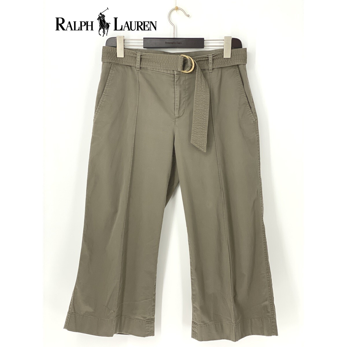 A9240/美品 春夏 LAUREN RALPH LAUREN ラルフローレン 緑タグ コットン ベルト付き クロップド ワイドパンツ 6 M程 カーキ 灰色 レディース拍卖