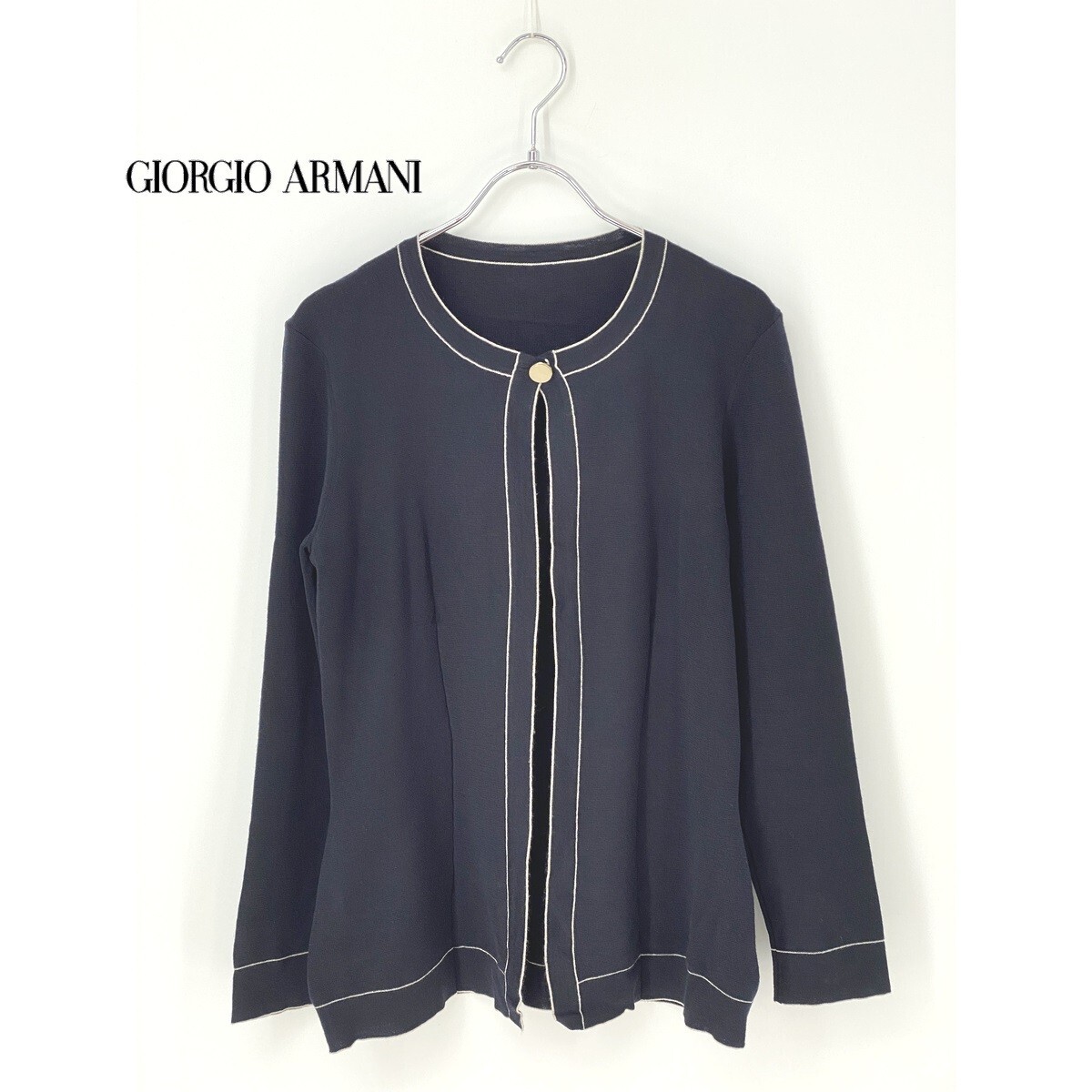 A8064/極美品 春夏 GIORGIO ARMANI ジョルジオ アルマーニ シルク カシミヤ 前開き ニット カーディガン 170/84A 40 L程 濃紺/レディース拍卖