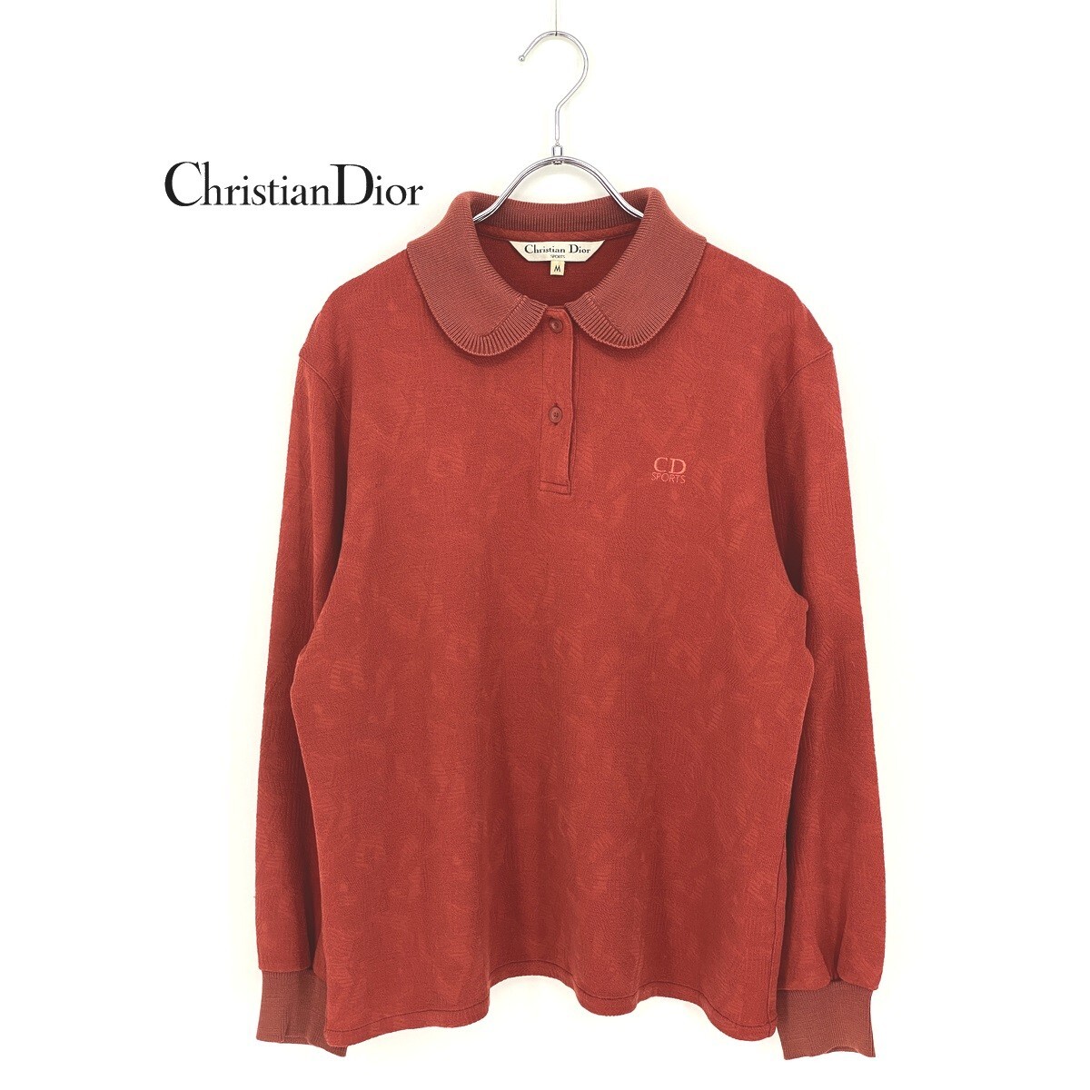 B0843/ビンテージ 80s 90s Christian Dior ディオール ウール 総柄 ラウンドカラー ロゴ刺繍 長袖 ニット セーター M オレンジ レディース拍卖