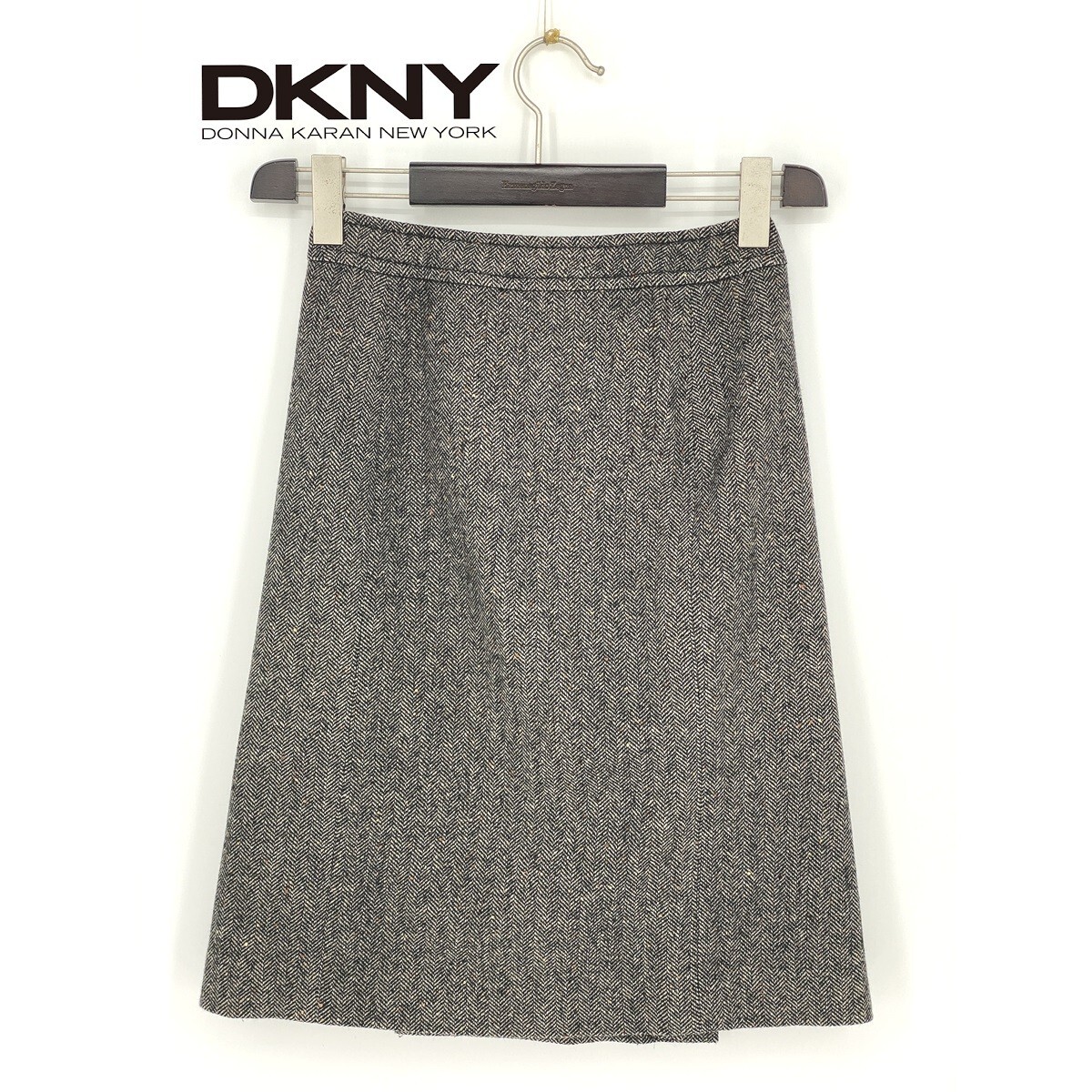 B0471/極美品 DONNA KARAN ダナキャラン DKNY ウール ネップ ツイード タイト スリット プリーツ 膝丈 スカート 2 M程 灰色 レディース拍卖