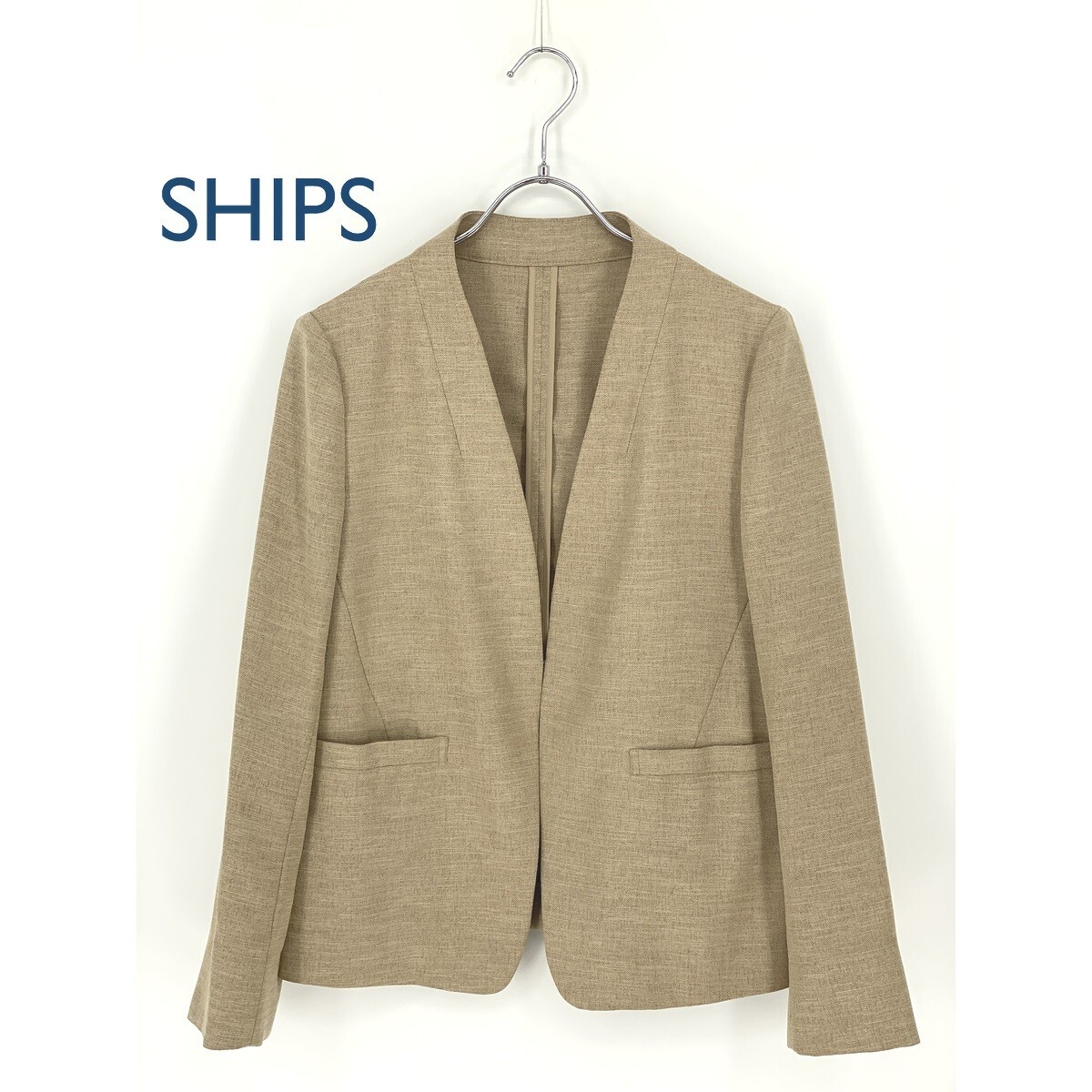 B0448/極美品 SHIPS シップス ツイル 前開き ボタンレス ノーカラー テーラード サマー アンコンジャケット 38 M程 ベージュ レディース拍卖