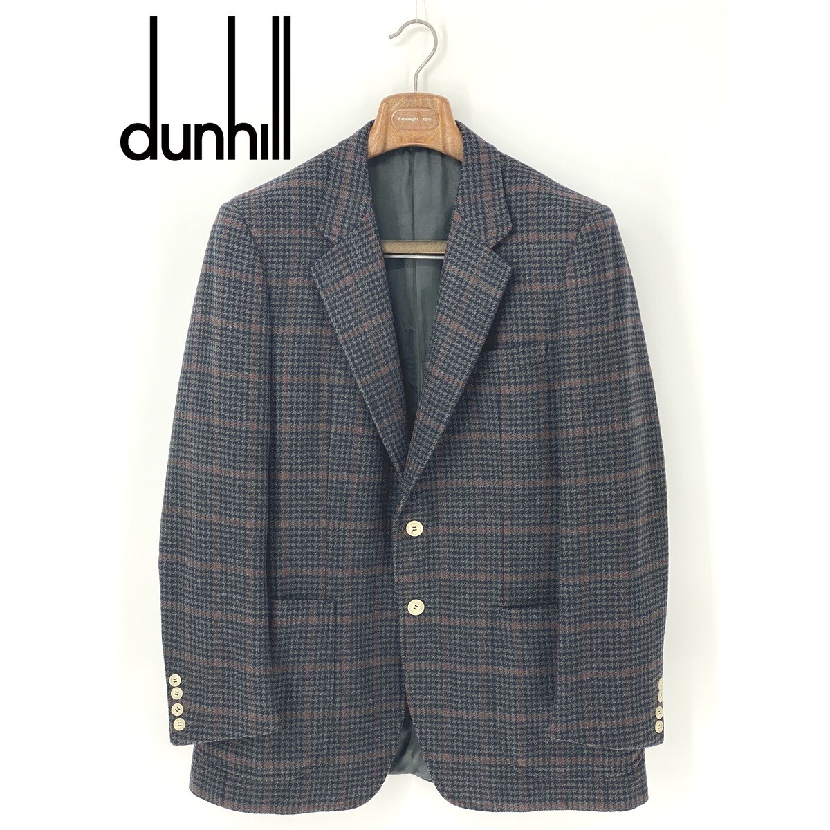 A9378/極美品 秋冬 総裏 dunhill ダンヒル 厚手 ツイード生地 チェック テーラード シングル2Bジャケット L程 紺 メンズ スーツ用 ビジネス拍卖
