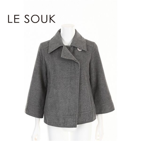A5628/美品 秋冬 le souk ルスーク 藤井毛織 アンゴラ ウール 変形 ライダース風 比翼 ダブルジャケット ハーフコート 36 灰色/レディース拍卖