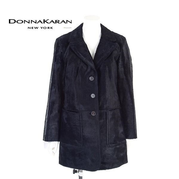 A5546/美品 秋冬 DKNY ダナキャラン DONNA KARAN 光沢 ハラコ 本革 レザー ハーフ 膝丈 チェスターコート M程 黒/レディース ジャケット拍卖