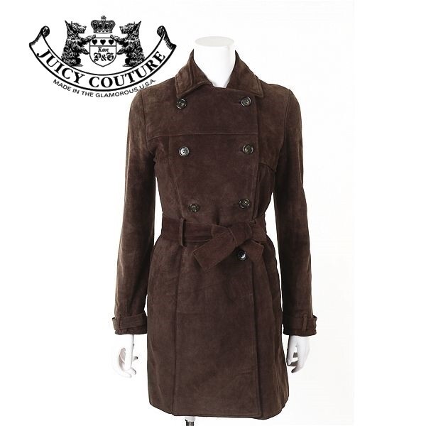 A5742/美品 秋冬 JUICY COUTURE ジューシークチュール 本革 牛革 レザー スエード ベルト付き ロング 膝丈 トレンチコート S 茶/レディース拍卖