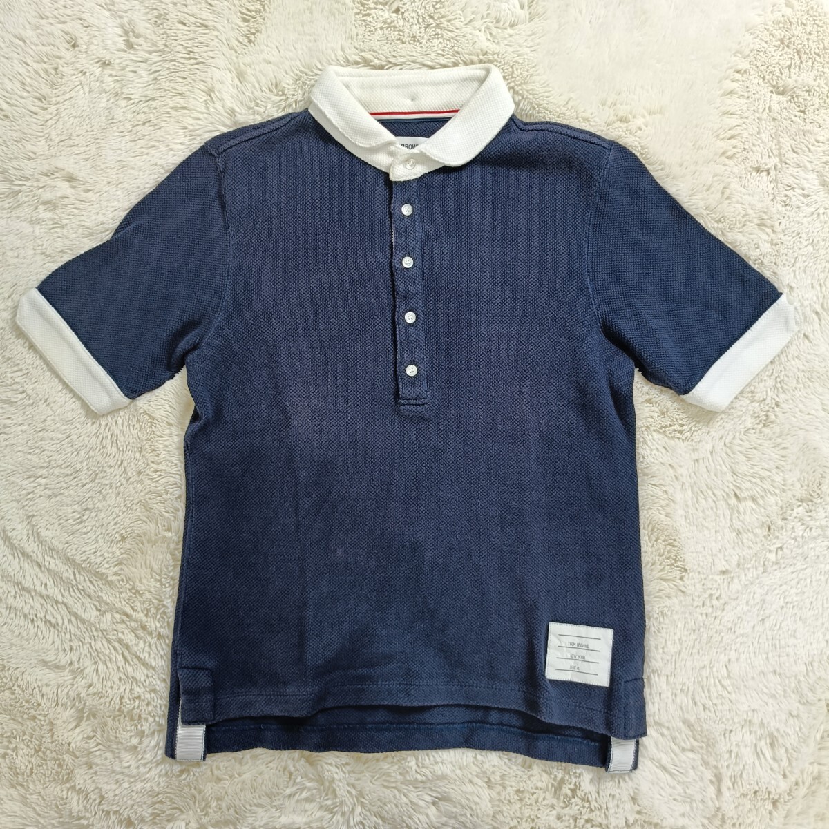 THOM BROWNE トムブラウン 半袖ポロシャツ【サイズ0】【ネイビー】【ロゴ】【コットン】3000円スタート拍卖