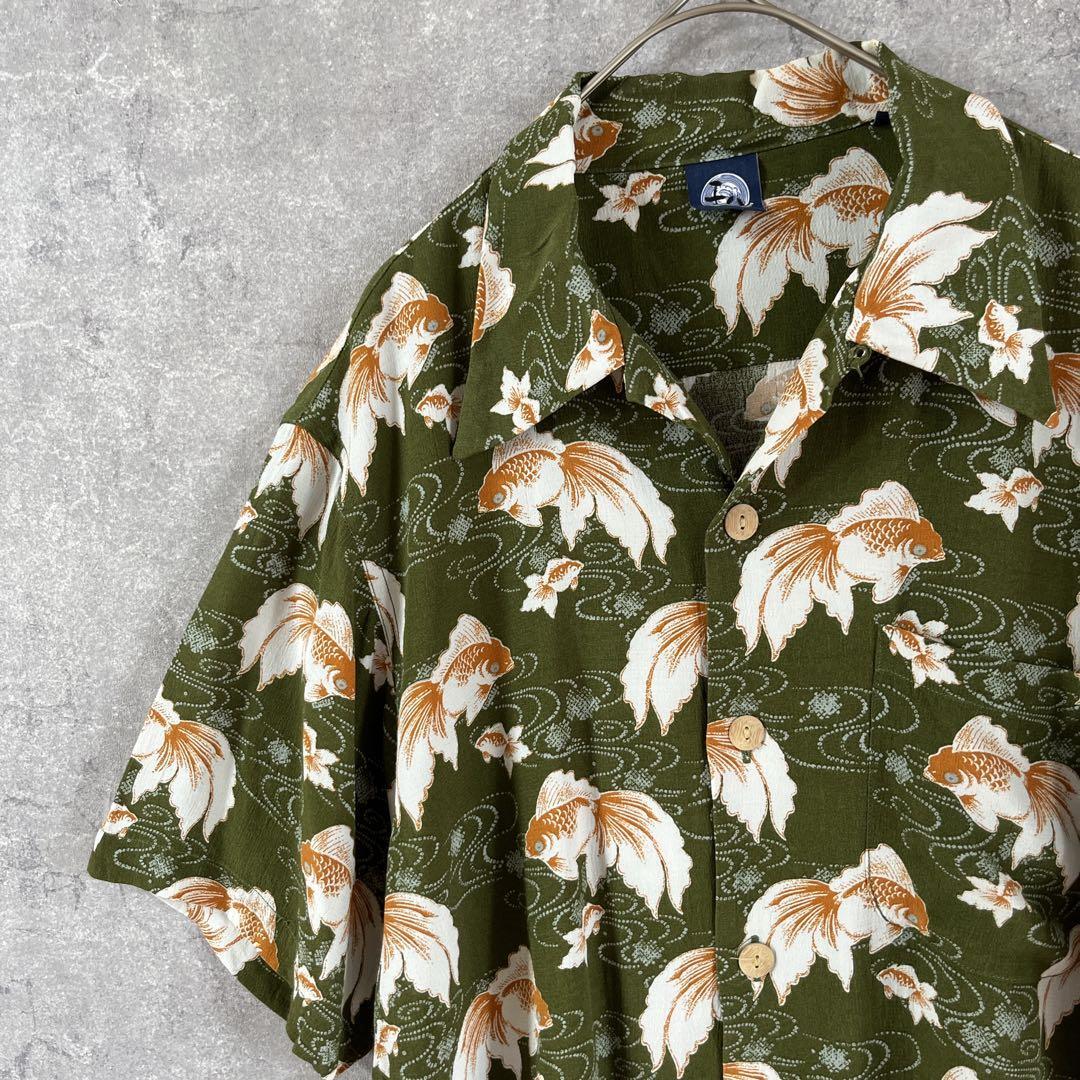 金魚柄シャツ 和柄 レーヨン半袖アロハシャツ開襟 Mメンズ拍卖