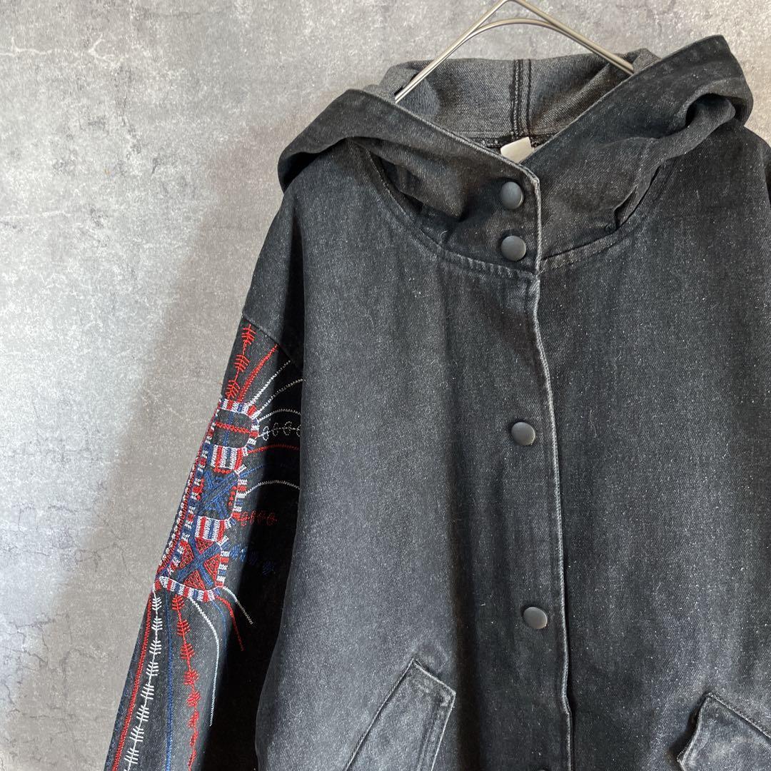 ブラックデニムコート 刺繍 フード有 ゆったりLレディースs1拍卖