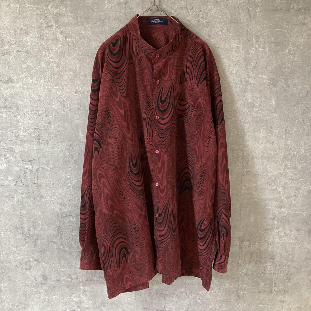 マーブル柄シャツ グラフィックウェーブ 長袖 バンドカラー ノーカラー XL拍卖