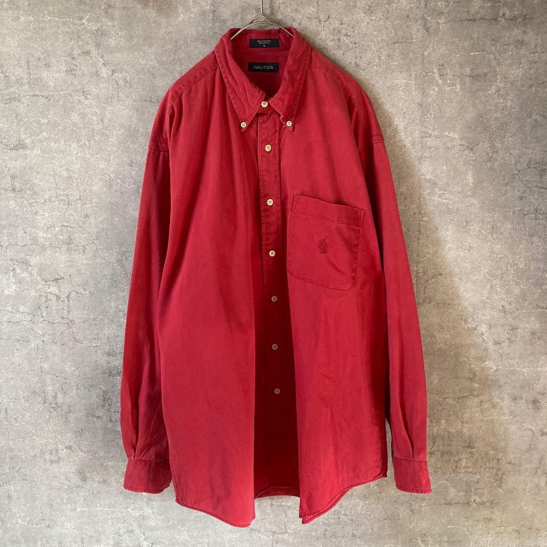 NAUTICA コットンシャツ 長袖 無地 刺繍ロゴ Lサイズ オーバーサイズ拍卖