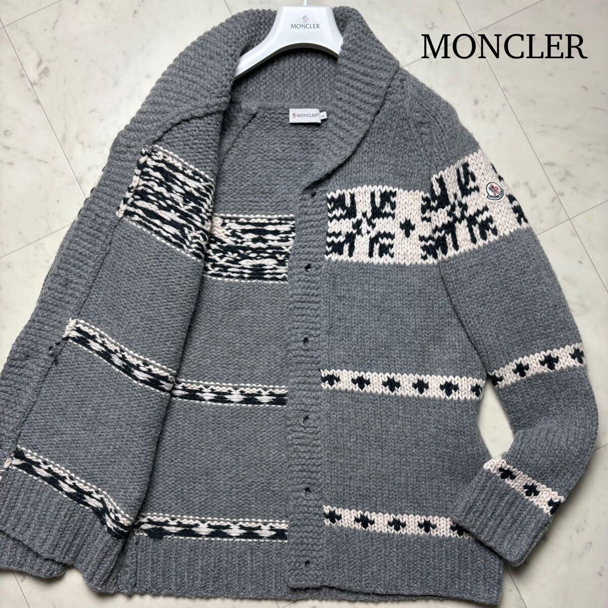 Lサイズ★ MONCLER モンクレール MAGLIONE TRICOT CARDIGAN ノルディック柄 ニット カーディガン カウチン ジャケット ロゴワッペン メンズ拍卖