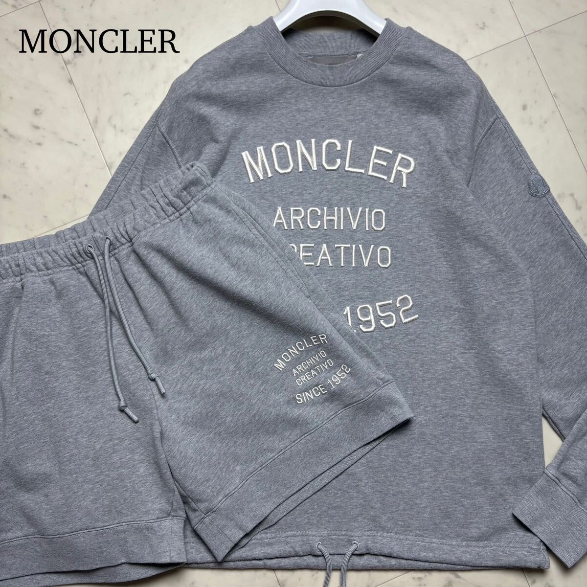 MONCLER モンクレール 2023年モデル セットアップ スウェット トレーナー ショートパンツ 上下セット L/M ロゴワッペン 刺繍 グレー メンズ拍卖
