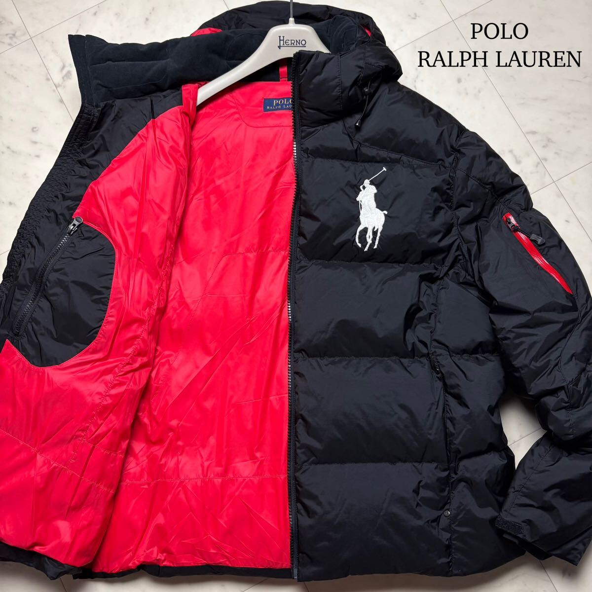 美品/XL★ ラルフローレン POLO RALPH LAUREN ビッグポニー刺繍 ダウンジャケット パーカー 着脱フード ブルゾン 大きいサイズ ブラック 黒拍卖