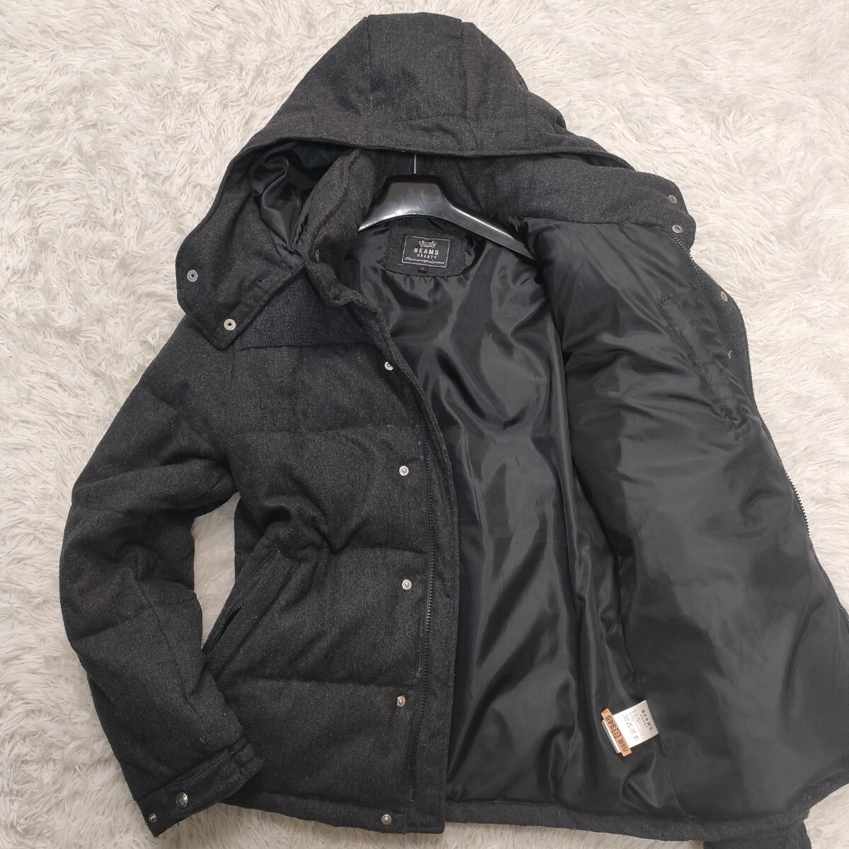 ◎稀少L ビームス BEAMS HEART ヘリンボーン 極暖 ダウンジャケット フード着脱可 ブルゾン ニット切替 肉厚 ケーブル グレー メンズ 防寒拍卖