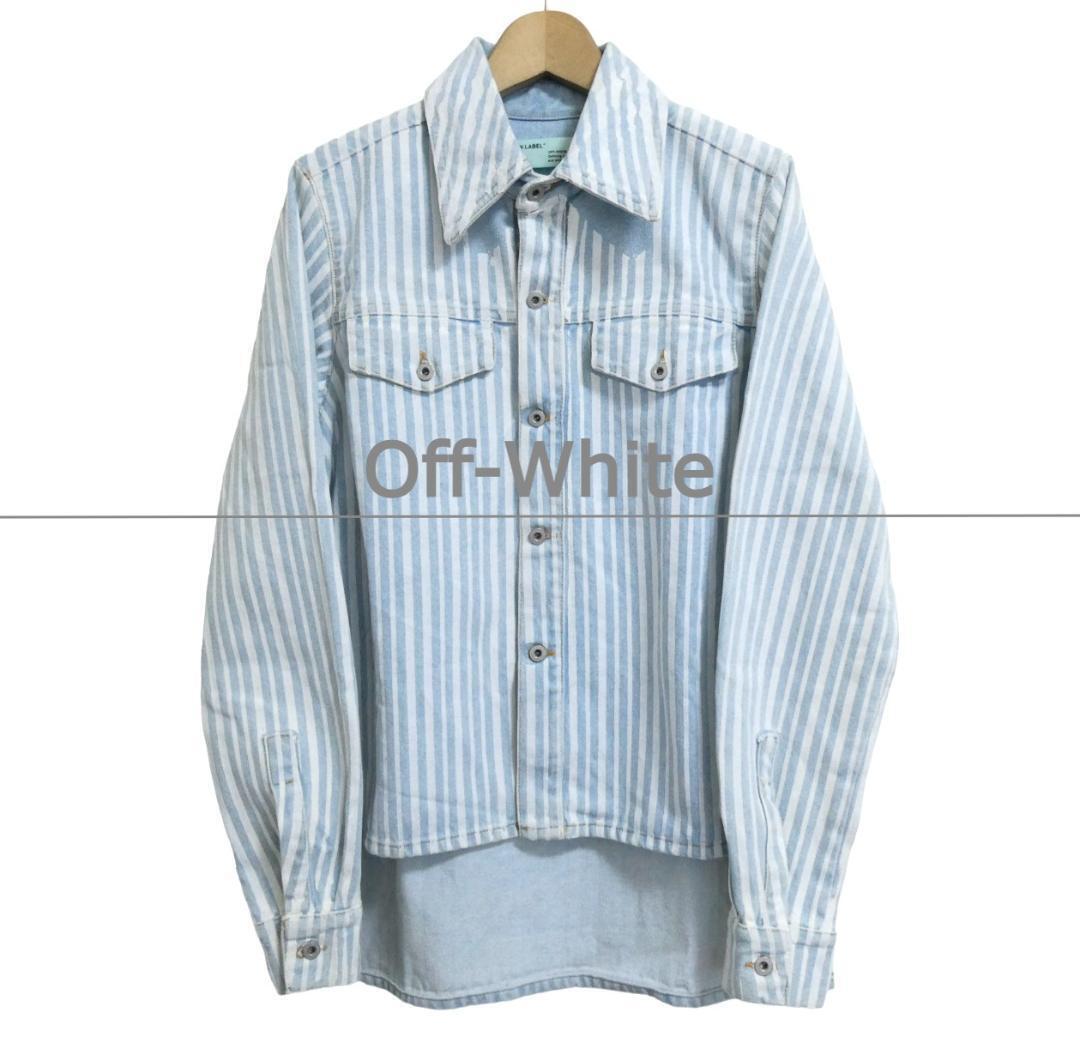美品 Off-White オフホワイト サイズ40 ストライプ柄 バックプリント 長袖 デニムジャケット デニムシャツ ライトブルー×オフホワイト拍卖