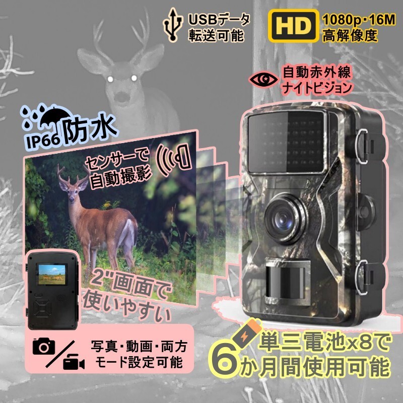 トレイルカメラ 電池式 室外防犯カメラ 人感センサー 防水赤外線 日本語説明付き拍卖