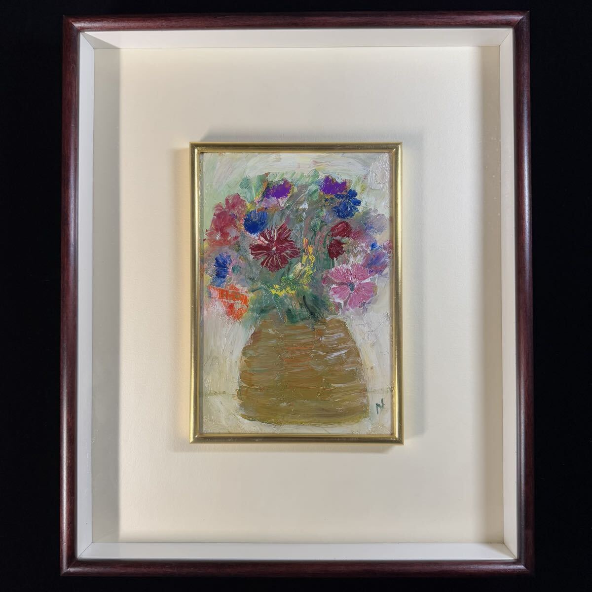 真作 八木伸子 『かごの花』 油彩 SM号 1977年 春陽会員 全道展会員 油彩画 油絵拍卖